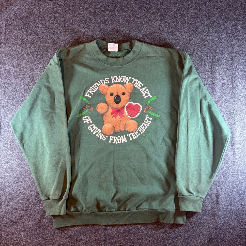 Vintage 90s Tee Jays Teddy Bear Sweatshirt Green XL Friends Giving Graphic